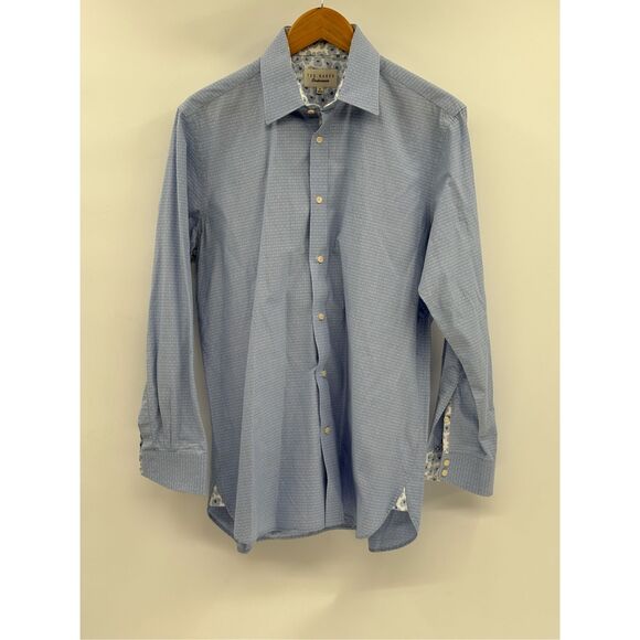 Ted Baker Button Down Shirt Men 16 32/33 Blue Geometric Flip Cuff Long Sleeve - Picture 3 of 10